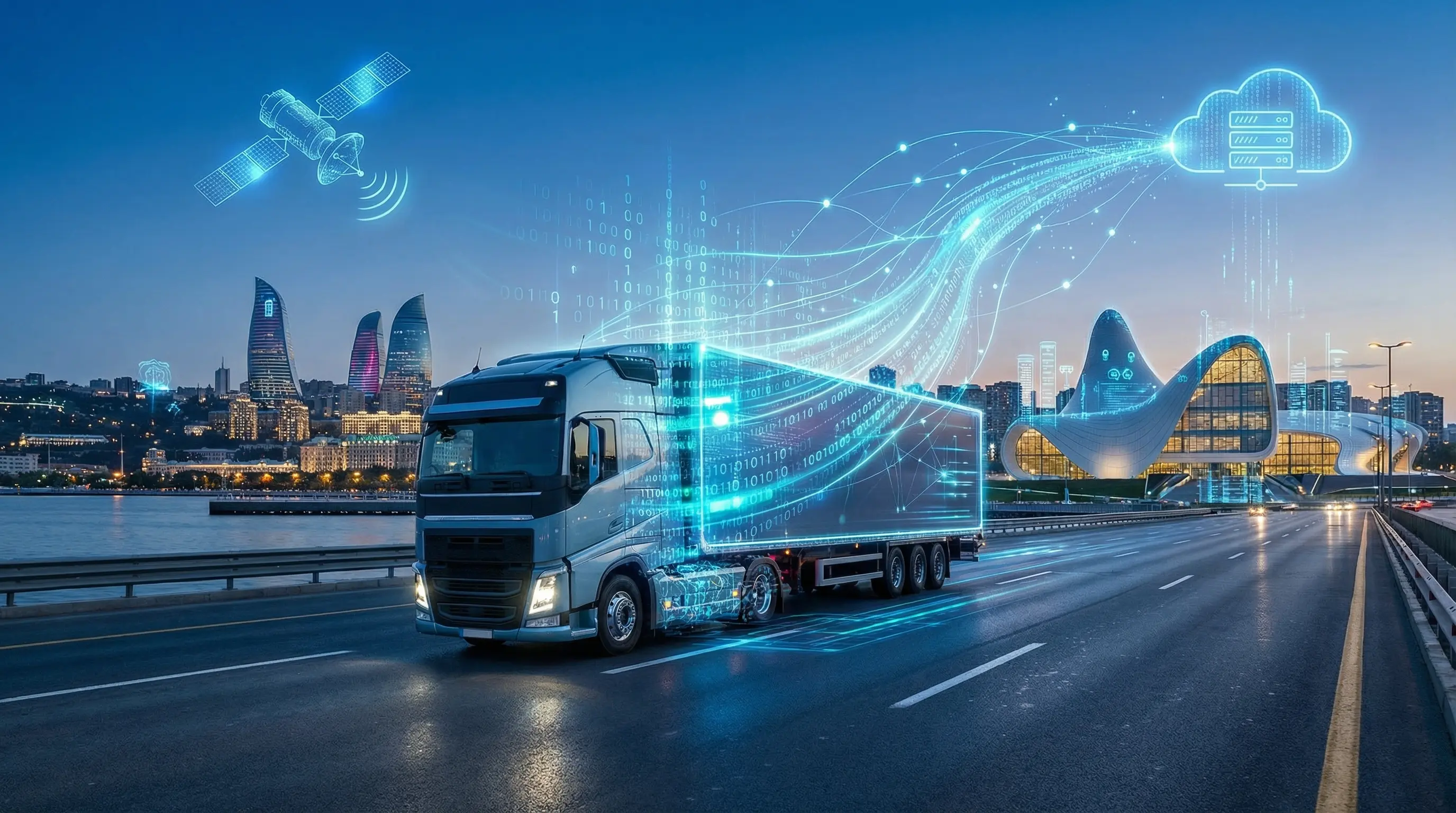 Smart truck in Baku: satellite GPS tracking and cloud fleet telematics.