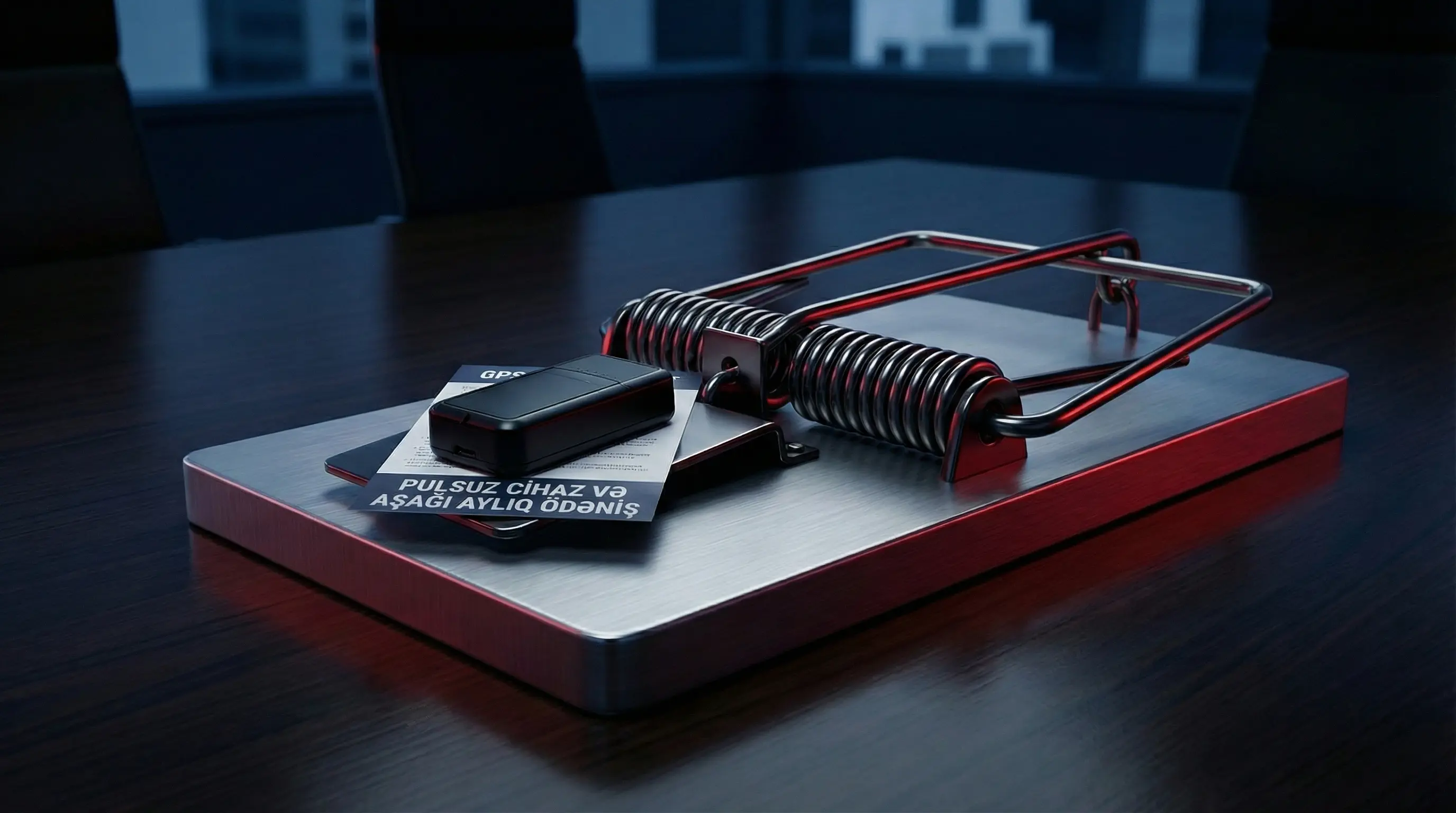 Мышеловка с черным GPS-трекером и договором на бесплатное устройство в качестве приманки.