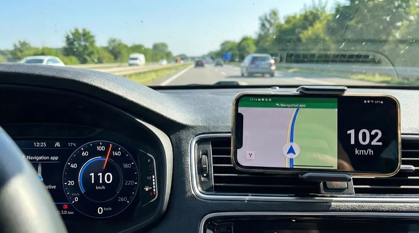 A car dashboard showing a digital speedometer at 110 km/h compared to a mounted smartphone.