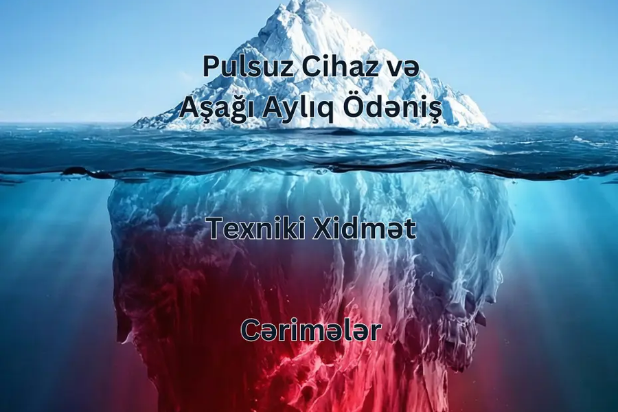 Suyun üzərində görünən "pulsuz cihaz və aşağı aylıq ödənişi", suyun altında isə görünməyən nəhəng texniki xidmət, cərimələr və əbəsdurma xərclərini göstərən aysberq illüstrasiyası.