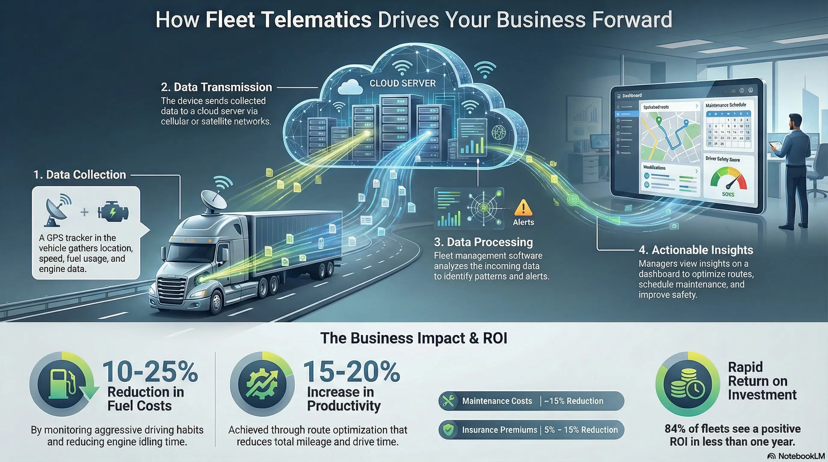 Fleet telematics (GPS Tracking) infographic 4 steps to ROI and fuel savings