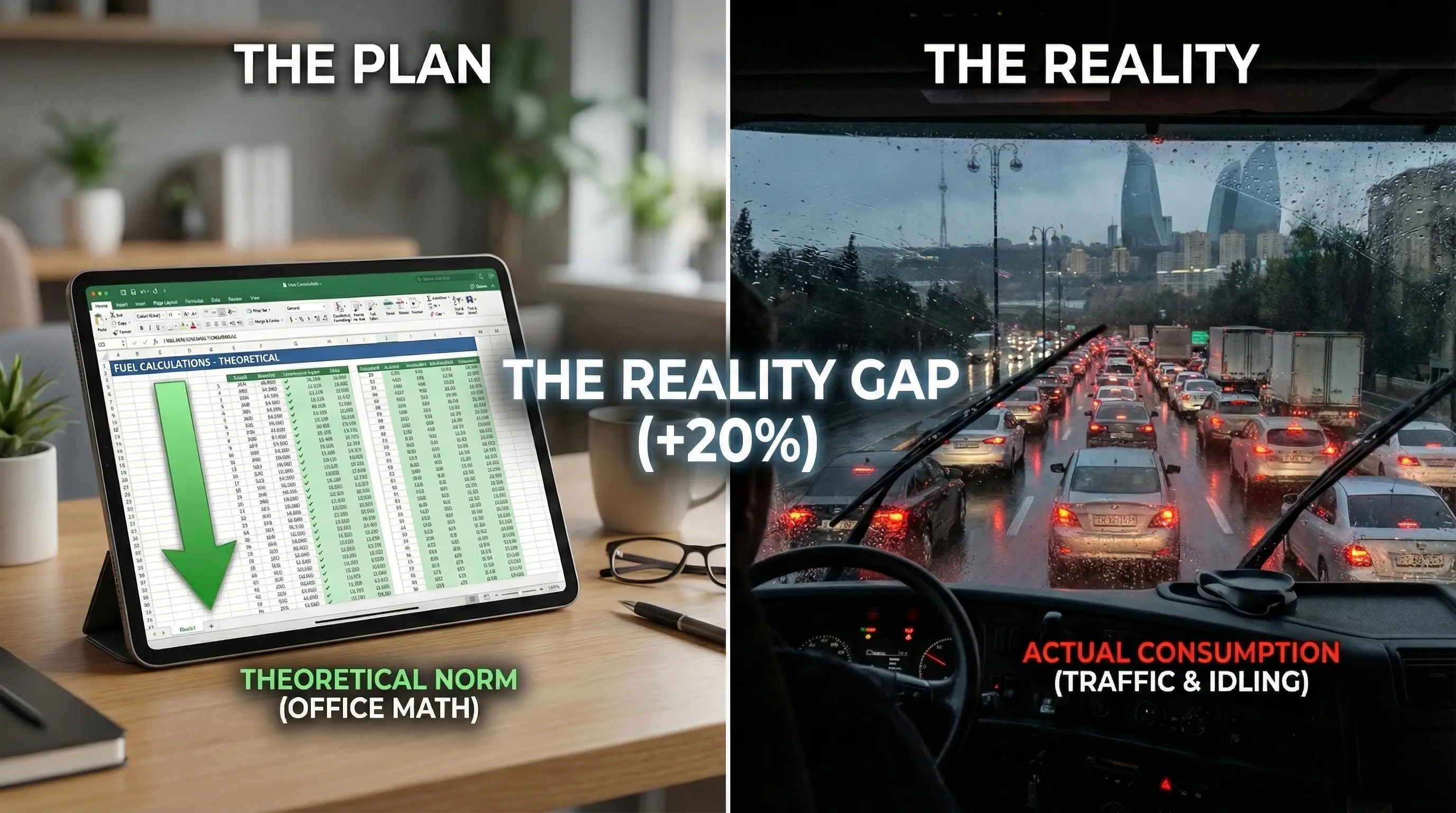 Gap between theoretical fuel norms and real traffic consumption.