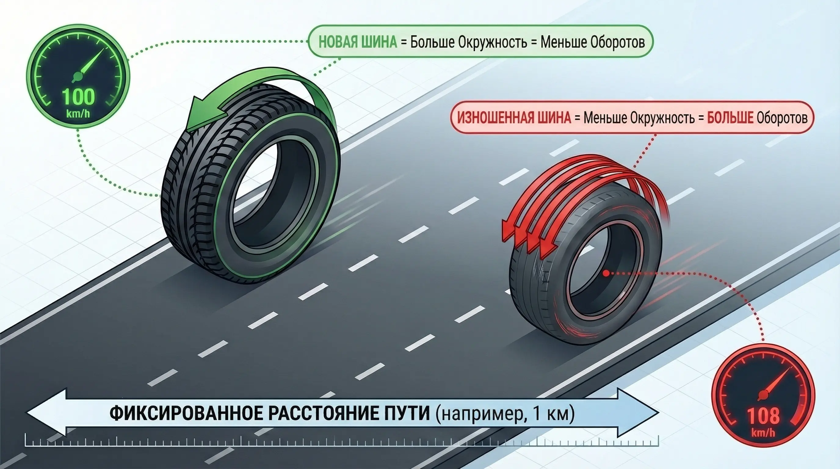 Диаграмма влияния износа шин на показания спидометра
