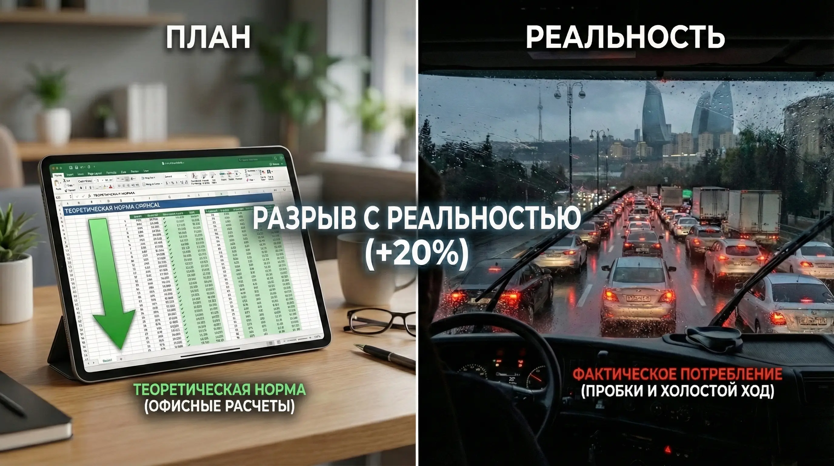 Разрыв между нормами расхода и реальным потреблением в пробках.